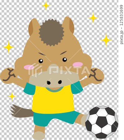【午年・干支】サッカーをする元気な馬のキャラクター｜年賀状・スポーツ・子ども向けに最適なイラスト素材 125831699