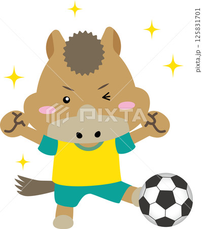 【午年・干支】サッカーをする元気な馬のキャラクター｜年賀状・スポーツ・子ども向けに最適なイラスト素材 125831701