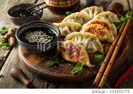 Steaming Gyoza Dumplings Arranged with Soy Sauce in Simple Minimalist Setting 125831773