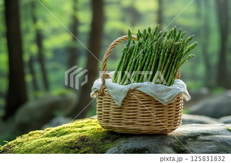 Wild Asparagus Resting in Linen-Lined Basket on Mossy Forest Rock 125831832
