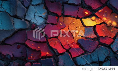 Radiating Cracks in Mud Reveal Glowing Orange and Crimson Liquid Beneath Surface 125831844