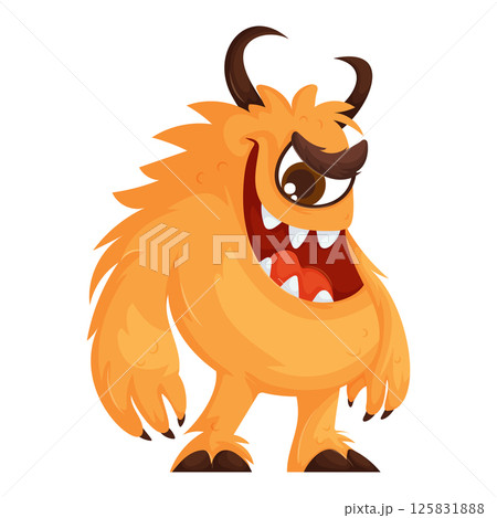 Cute and playful cartoon-style orange monster with a large single eye, sharp teeth, curved horns, and a fluffy body, looking mischievous. 125831888