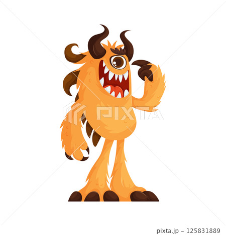 Funny cartoon-style orange monster with one large eye, sharp teeth, and curved horns, standing on two legs with a playful expression. 125831889