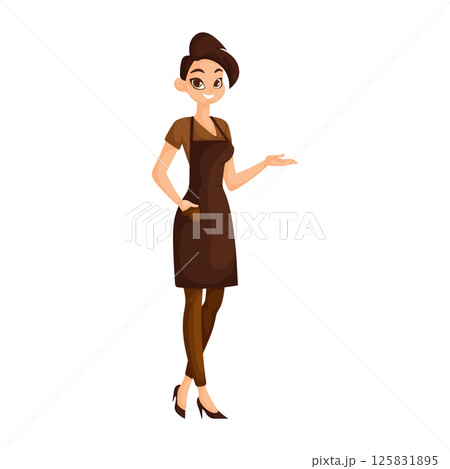 Vector illustration of a smiling female barista wearing a brown apron and stylish outfit, presenting with a welcoming hand gesture. 125831895