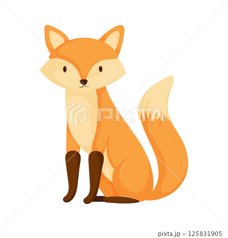 Adorable cartoon fox sitting with a fluffy tail, orange fur, and black legs, isolated on a white background. Adorable cartoon fox sitting with a fluffy tail, orange fur, and black legs, isolated on a white background. 125831905