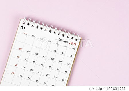 January 2026 desk calendar on pink background, Position with empty space. 125831931