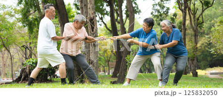 Four cheerful seniors in a friendly tug of war on a vibrant green lawn showcasing their vitality, camaraderie, and Active Seniors lifestyle, enjoying an active and playful moment in a park setting. Four cheerful seniors in a friendly tug of war on a vibrant green lawn showcasing their vitality, camaraderie, and Active Seniors lifestyle, enjoying an active and playful moment in a park setting. 125832050