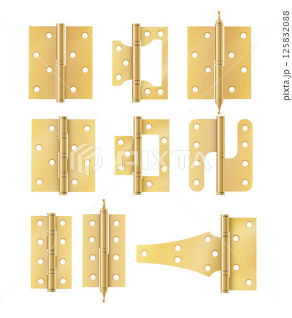 Golden door hinges construction hardware. Realistic set of gold tools for joint gates and windows metal hinges for house and furniture. vector 125832088