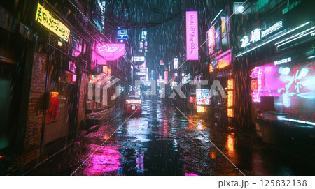 雨の中、ネオンが輝く都市の夜景 125832138