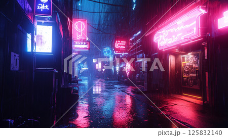 雨の中、ネオン輝く夜の街の路地 雨の中、ネオン輝く夜の街の路地 125832140