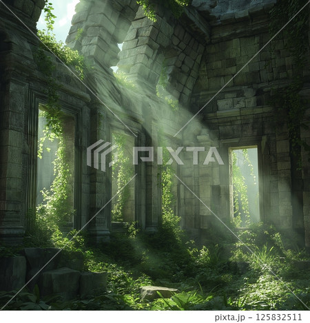 Sunlight filters through ancient ruins showcasing nature's embrace in a serene setting 125832511