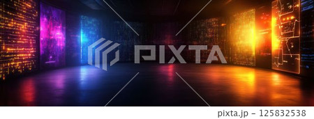 Vibrant Futuristic Digital Space with Colorful Lights and Data Streams 125832538