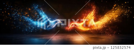 Colorful Birds Emitting Sparkles in Dramatic Light, Blue and Orange Flames Colorful Birds Emitting Sparkles in Dramatic Light, Blue and Orange Flames 125832574