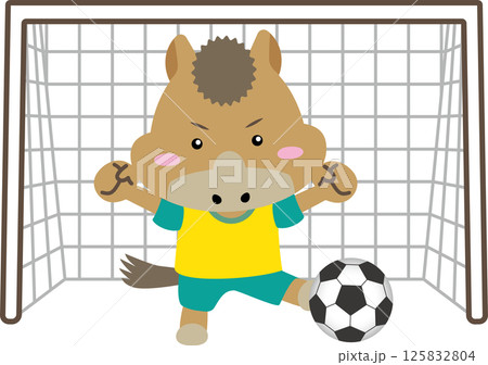 【午年の守護神ストライカー】アクロバティックにボールを蹴るサッカー馬のイラスト｜干支・スポーツ・キャ 125832804