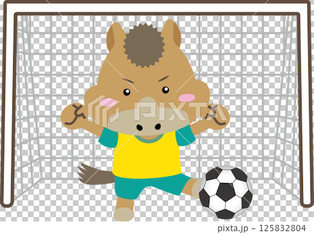 【午年の守護神ストライカー】アクロバティックにボールを蹴るサッカー馬のイラスト｜干支・スポーツ・キャ 125832804