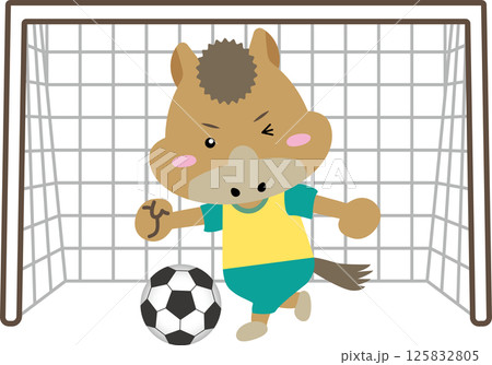 【午年の守護神ストライカー】アクロバティックにボールを蹴るサッカー馬のイラスト｜干支・スポーツ・キャ 125832805