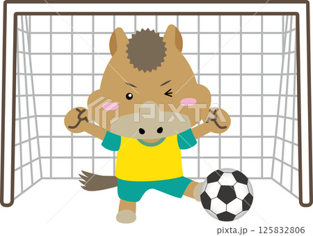 【午年の守護神ストライカー】アクロバティックにボールを蹴るサッカー馬のイラスト｜干支・スポーツ・キャ 125832806