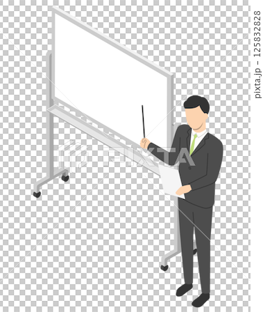 Whiteboard and male office worker explaining - isometric Whiteboard and male office worker explaining - isometric 125832828