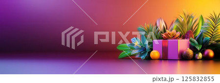 Colorful Gift Box Surrounded by Tropical Plants and Decorative Elements on Gradient Background 125832855