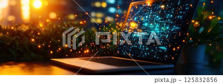 Modern Laptop with Digital Data Visualization and Sparkles in Beautiful Calm Setting 125832856