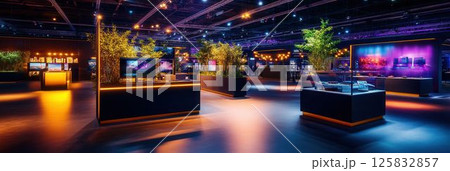 Modern Art Exhibition with Vibrant Lighting and Nature Elements in a Gallery Space 125832857