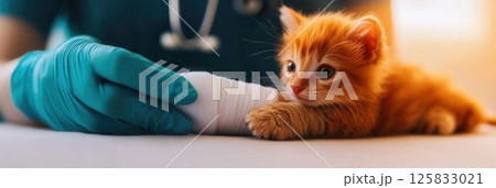 Caring veterinarian dressing a wound on an adorable orange kitten in daylight 125833021