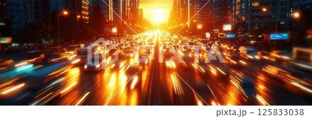 Blazing Sunset Over City Streets with Flowing Traffic and Illuminated Skyscrapers Blazing Sunset Over City Streets with Flowing Traffic and Illuminated Skyscrapers 125833038