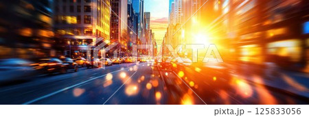 Vibrant City Street Scene at Sunset with Blurred Traffic and Dramatic Lighting Effects Vibrant City Street Scene at Sunset with Blurred Traffic and Dramatic Lighting Effects 125833056