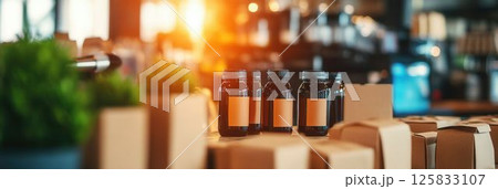 Glass bottles on a wooden surface with blurred background in a cozy cafe setting 125833107