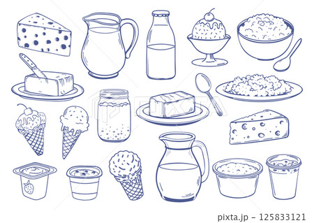Milk products set. Collection of hand drawn dairy products, including cheese, milk, butter, yogurt, sour cream and ice cream. Doodle sketch icons. 125833121