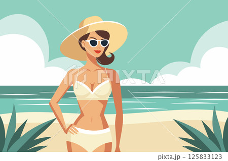 Beautiful woman in swimsuit and hat on the beach. Summer time, vacation and travel concept. Illustration. 125833123