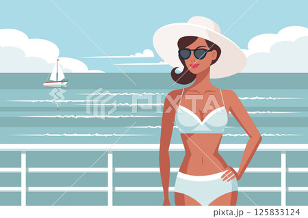 Woman in swimsuit with sunglasses and hat on the beach. Summer time, vacation and travel concept. Illustration. 125833124