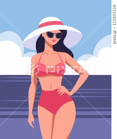 Beautiful woman in swimsuit and hat on the beach. Summer time, vacation and travel concept. Illustration. 125833128
