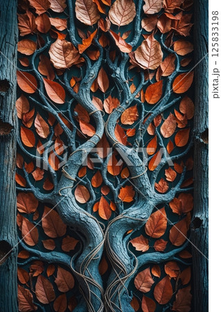 A stunning arrangement of dried autumn leaves and twisted branches forms a circular, flower-like pattern with earthy tones and intricate textures. 125833198