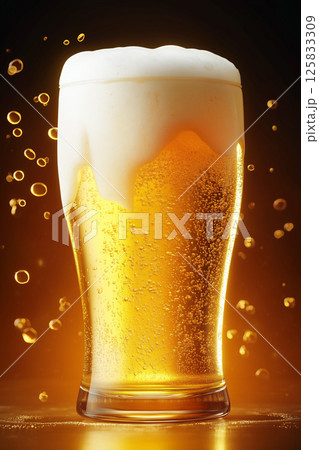 グラスに注がれた黄金に輝くビールと泡。夏の飲み物イメージ 125833309