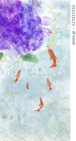 日差し煌めく紫陽花と金魚ーSunlit Hydrangeas and Goldfish 125833332