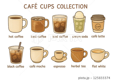 カフェカップコレクション　手描きドリンクアイコンセット 125833374