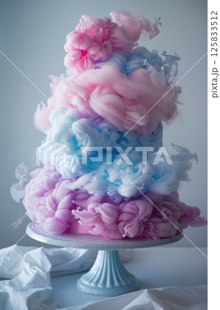 Pink Cotton Candy Cake with Fluffy Frosting and Decorative Toppings 125833512