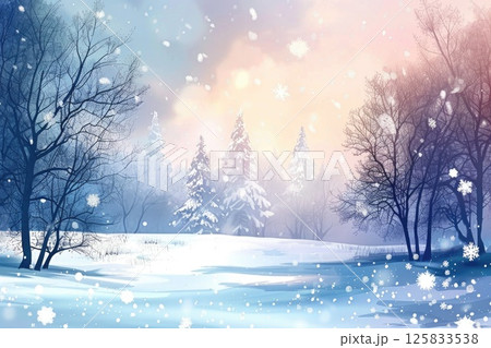 Serene Snowy Winter Landscape at Sunset with Falling Snowflakes and Pine Trees 125833538