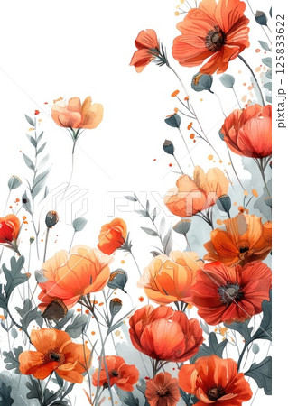Elegant Watercolor Poppies and Wildflowers on White Background Elegant Watercolor Poppies and Wildflowers on White Background 125833622