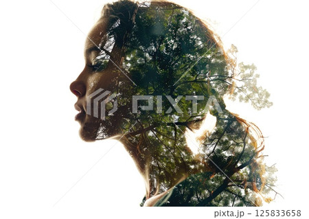 Silhouette of Woman with Double Exposure Forest Imagery 125833658