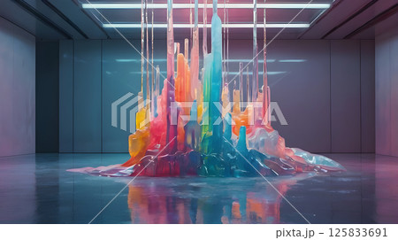 multicolor neon ice art dripping frozen sculpture in a futuristic gallery, pastel minimalistic illustration style 125833691