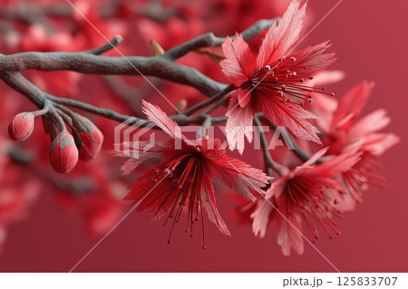 Crimson maple blossoms merge seamlessly into a red background, glowing with realism 125833707