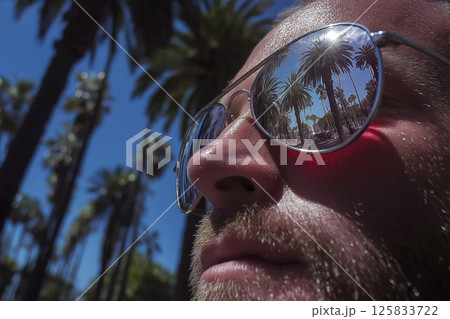 Reflected Palm Trees In Mirrored Sunglasses On Sunlit Man Face 125833722
