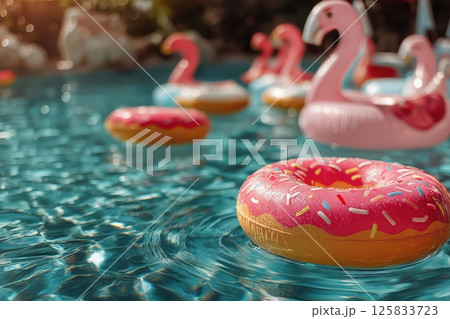 Inflatable Flamingos And Donut Floaties Drift In Sparkling Summer Pool 125833723