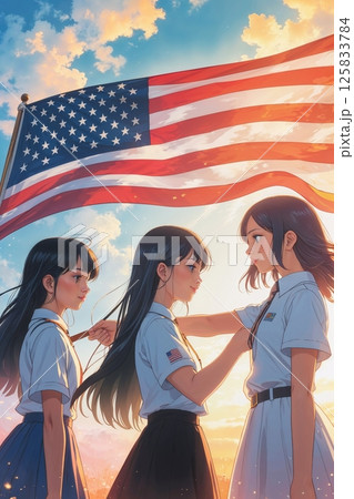 diverse people from behind holding an American flag with a bright, warm sky that conveys unity and patriotism 125833784