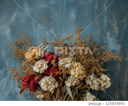 Clasped in graceful hands, a vintage bouquet with roses and wildflowers Clasped in graceful hands, a vintage bouquet with roses and wildflowers 125833955