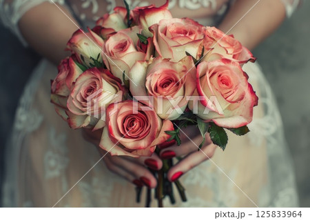 woman hands gently holding a lavish bouquet of roses woman hands gently holding a lavish bouquet of roses 125833964