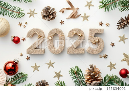2025 numerals amidst a snowy backdrop with festive baubles 125834001