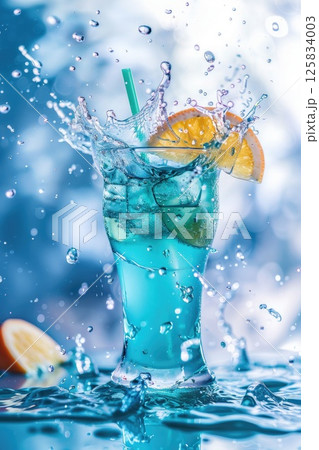 Vibrant Citrus Splash in Blue Cocktail Glass Against Bokeh Background 125834003